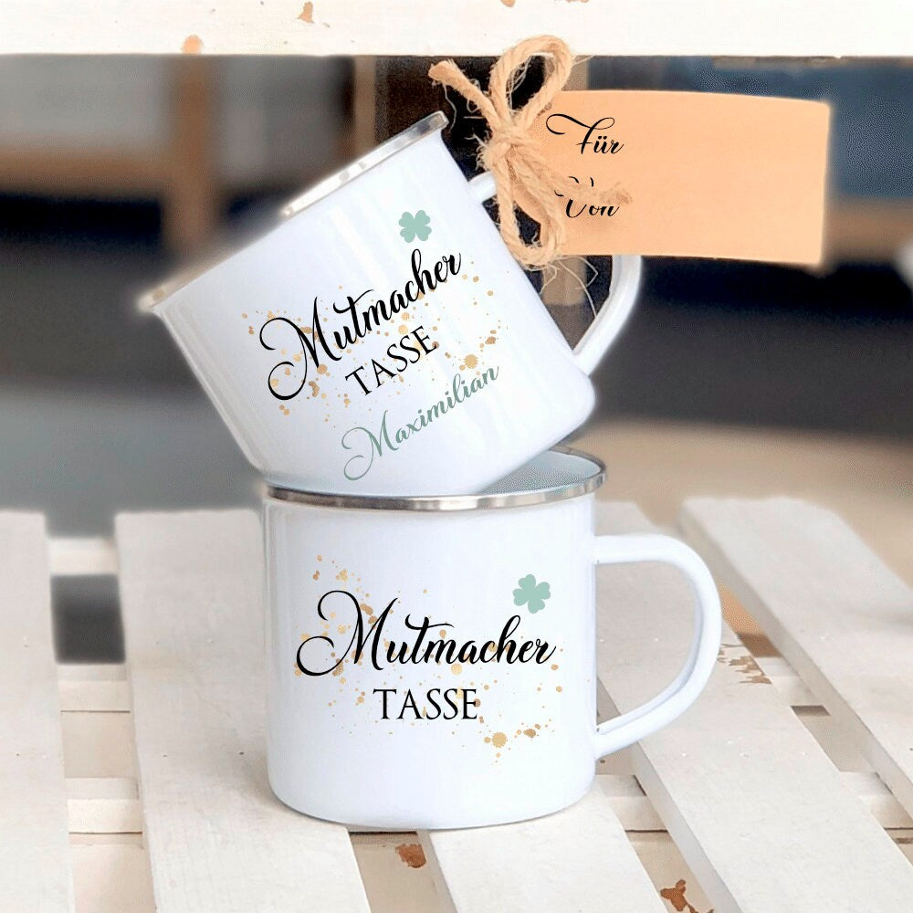 "Mutmacher" Tasse mit Kleeblatt und Namen | Personalisiertes Geschenk | Perfektes Geschenk zur Motivation | Emailletasse mit Geschenkanhänger zum Beschriften