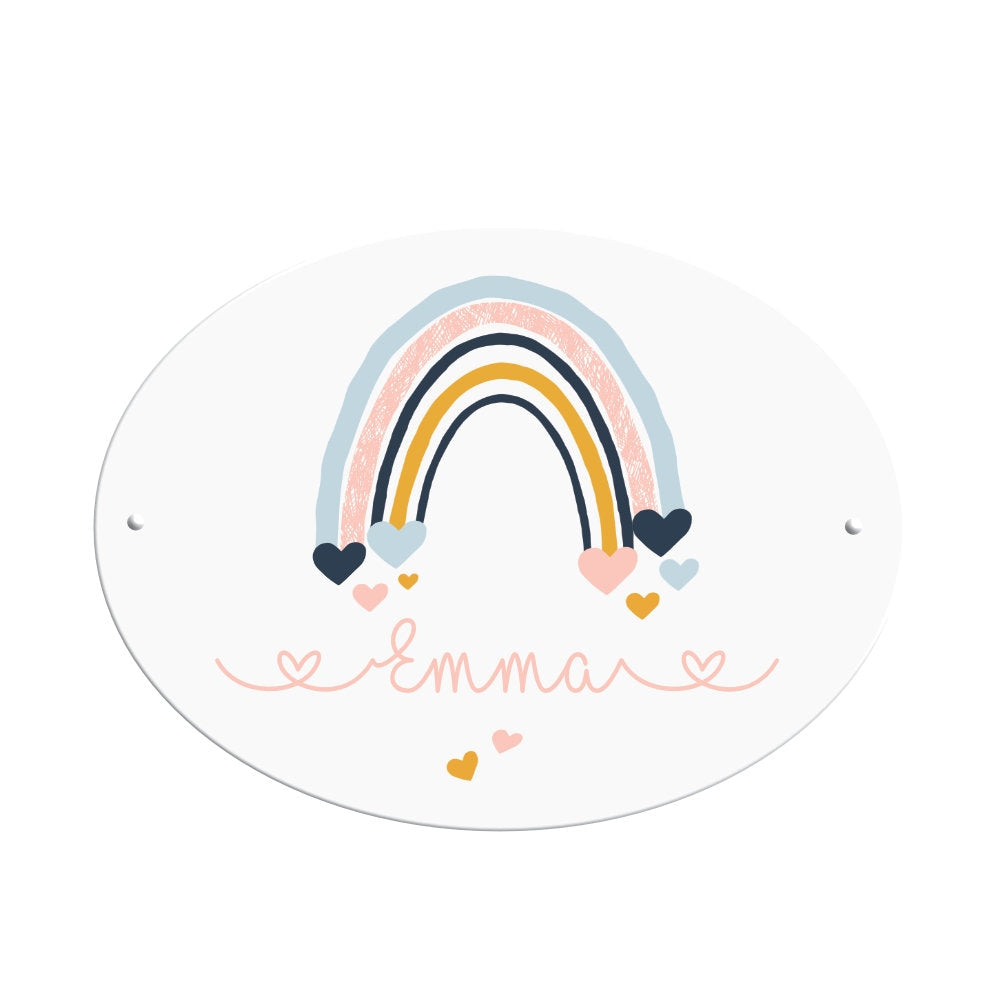 Namensschild für das Kinderzimmer | Ovales Schild für Mädchen u. Jungen | Personalisiert mit dem Namen und einen Regenbogen | 2 Farbvarianten zur Auswahl