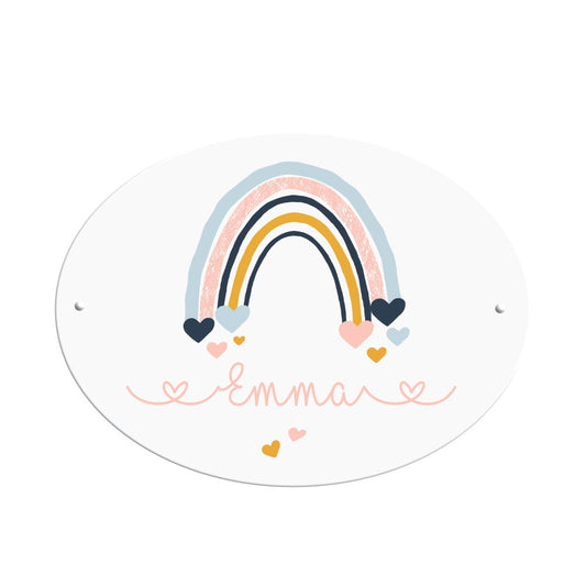Namensschild für das Kinderzimmer | Ovales Schild für Mädchen u. Jungen | Personalisiert mit dem Namen und einen Regenbogen | 2 Farbvarianten zur Auswahl
