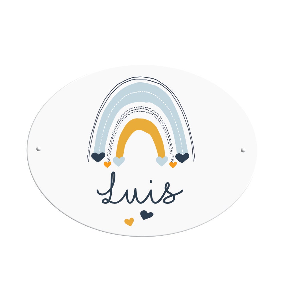 Namensschild für das Kinderzimmer | Ovales Schild für Mädchen u. Jungen | Personalisiert mit dem Namen und einen Regenbogen | 2 Farbvarianten zur Auswahl