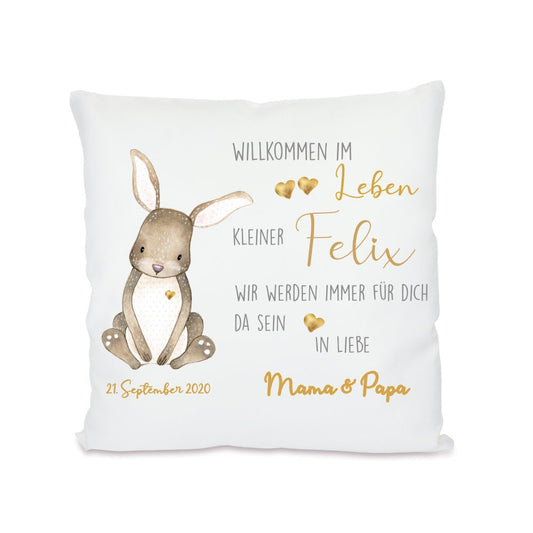 "Willkommen im Leben" | Persönliches Geschenk mit Widmung zur Geburt | Verschenke ein personalisiertes Babykissen mit Namen des Neugeborenen und dem Geburtsdatum | 4 Varianten zur Auswahl