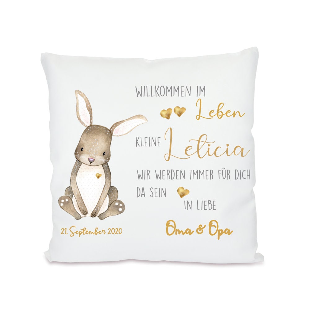 "Willkommen im Leben" | Persönliches Geschenk mit Widmung zur Geburt | Verschenke ein personalisiertes Babykissen mit Namen des Neugeborenen und dem Geburtsdatum | 4 Varianten zur Auswahl