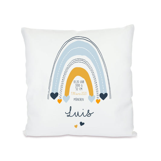 Schönes Babykissen "Regenbogen" zur Geburt u. Taufe | Handgefertigt mit dem Namen des Babys | Babygeschenk mit Gewicht, Uhrzeit, Name, Ort und Geburtsdatum | 2 Farbvarianten zur Auswahl