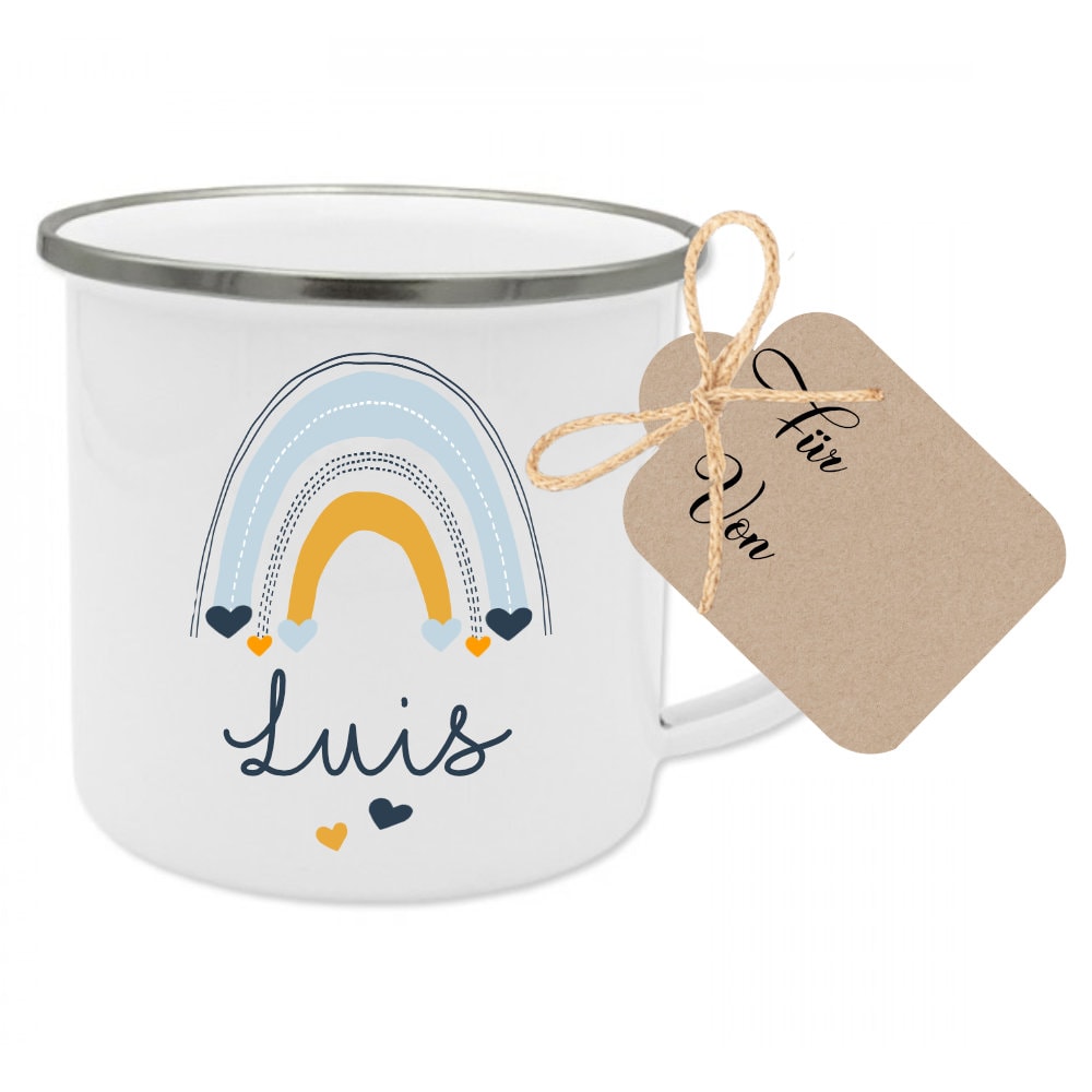 Tasse für Mädchen u. Jungen mit Namen und Regenbogen | Schönes Geschenk für Kinder | Personalisierter Kinderbecher aus Emaille | 2 Motivvarianten zur Auswahl