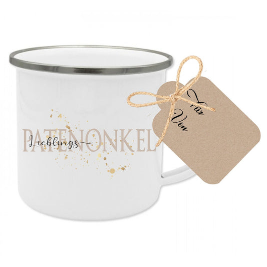 Tasse "Lieblingspatenonkel" | Geschenk für den Patenonkel | Emailletasse mit Geschenkanhänger | 2 Motivvarianten zur Auswahl
