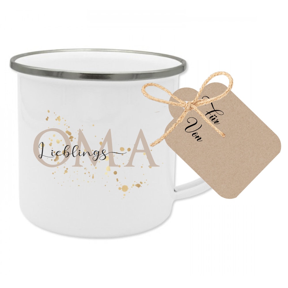 Tasse "Lieblingsoma" | Geschenk für die Oma vom Enkel | Emailletasse mit Geschenkanhänger | 6 Motivvarianten zur Auswahl