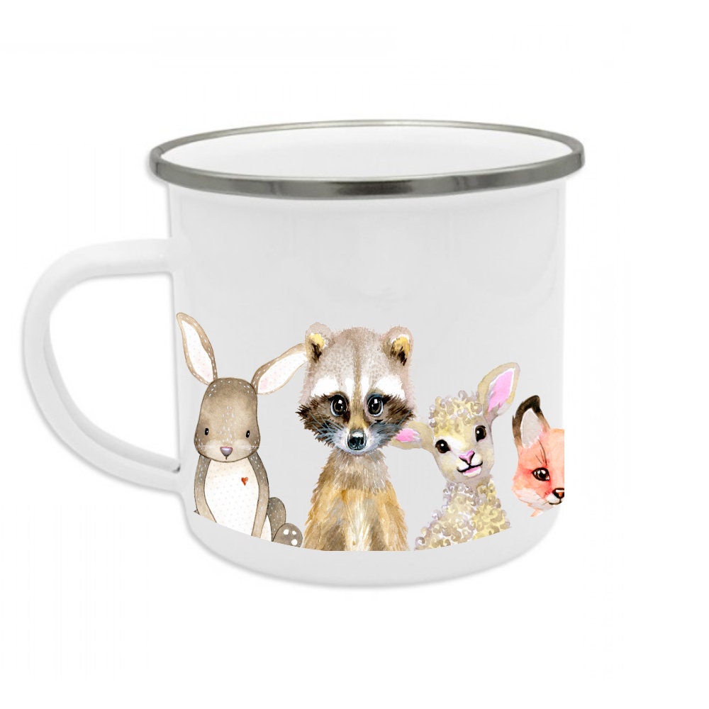 Personalisierte Kindertasse "Tiere" | Emailletasse mit dem Namen des Kindes | Liebevolles Kindergeschirr | mit Geschenkanhänger zum Beschriften