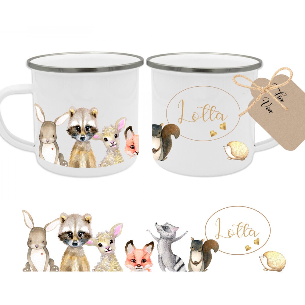 Personalisierte Kindertasse "Tiere" | Emailletasse mit dem Namen des Kindes | Liebevolles Kindergeschirr | mit Geschenkanhänger zum Beschriften