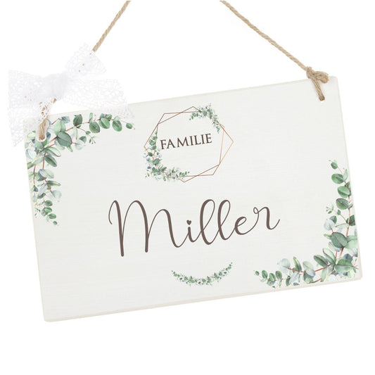 Türschild "Eukalyptus" mit Namen | Handgefertigtes Haustürschild aus Holz | Perfektes Geschenk für Familien u. zur Hochzeit | 2 Größen u. 2 Motivvarianten zur Auswahl