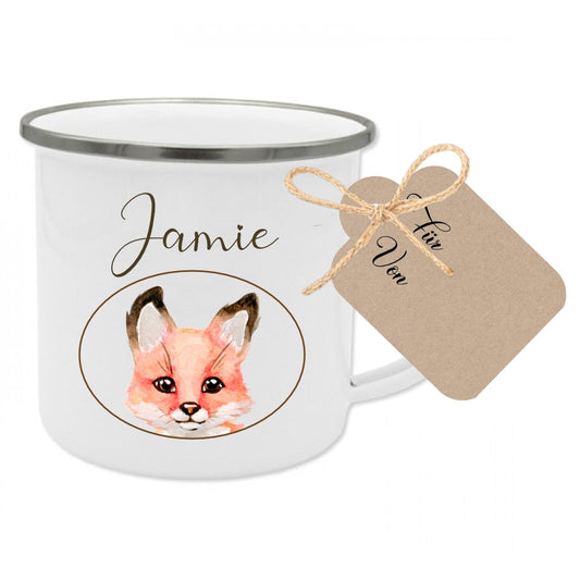 Kindertasse mit Fuchs und Name des Kindes | Perfekte kleine Geschenkidee für Mädchen u. Jungen | inkl. Geschenkanhänger zum Beschriften | 5 Motivvarianten zur Auswahl