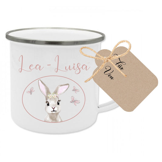 Kindertasse "Hase" mit Namen des Kindes | Trinkbecher aus Emaille für Mädchen u. Jungen | Niedliche Tasse mit Geschenkanhänger | 5 Motivvarianten zur Auswahl