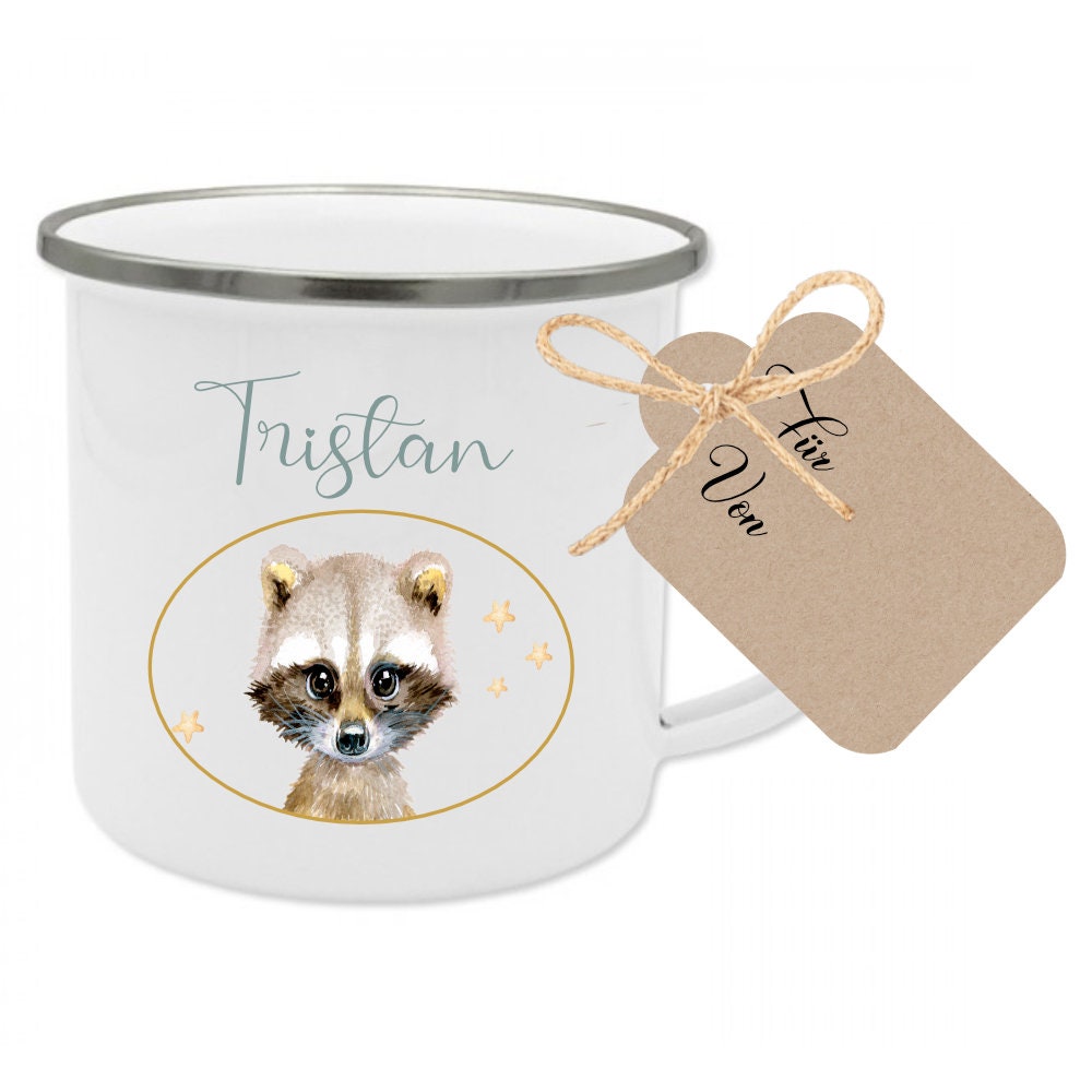 Kindertasse "Hase" mit Namen des Kindes | Trinkbecher aus Emaille für Mädchen u. Jungen | Niedliche Tasse  mit Geschenkanhänger | 5 Motivvarianten zur Auswahl