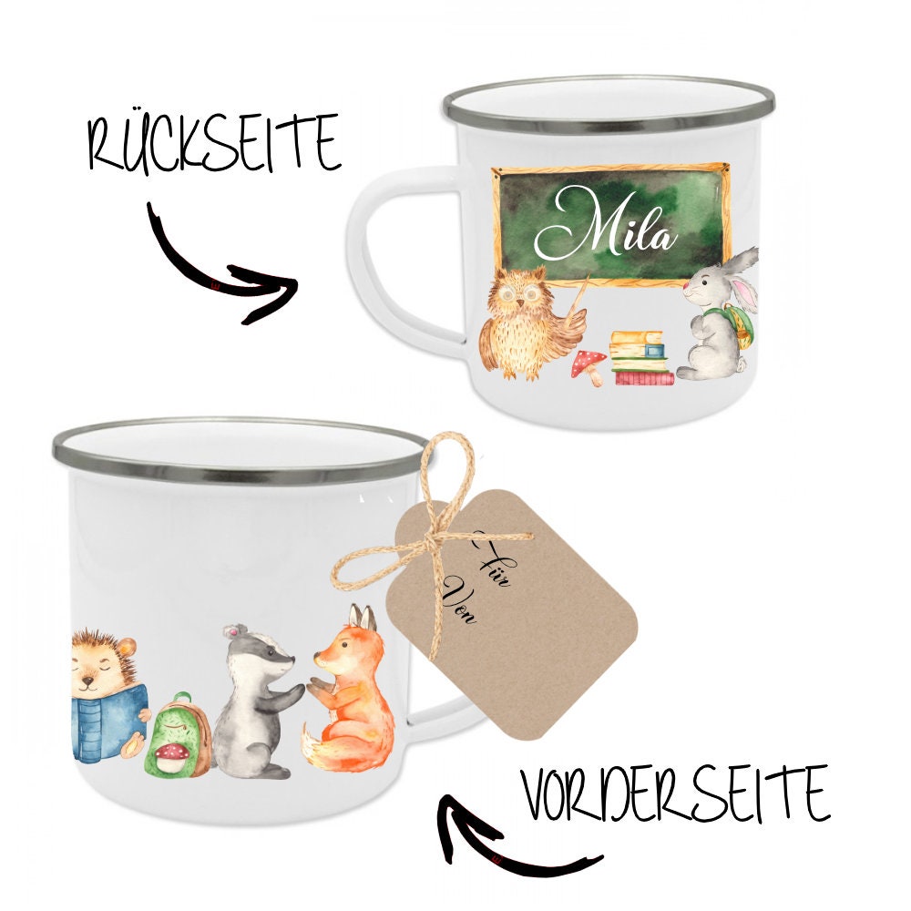 Tasse zur Einschulung mit dem Namen des Schulkindes | Niedliche Waldtiere mit Schultafel und Name des Kindes | Inkl. Geschenkanhänger zum Schulanfang