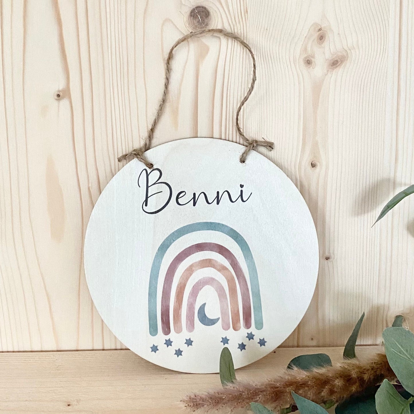Namensschild "Regenbogen" für das Baby- und Kinderzimmer in Rund | Personalisiertes Geschenk aus Holz mit Namen des Babys u. Kindes | Besondere Geschenkidee zur Geburt und Taufe | Türschild in 6 Motivvarianten für Mädchen und Jungen