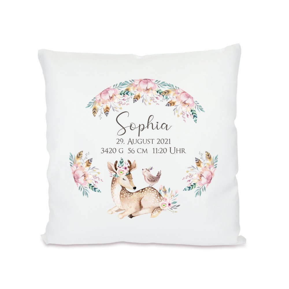 Geschenk zur Geburt. Kissen mit Namen und Geburtsdaten.