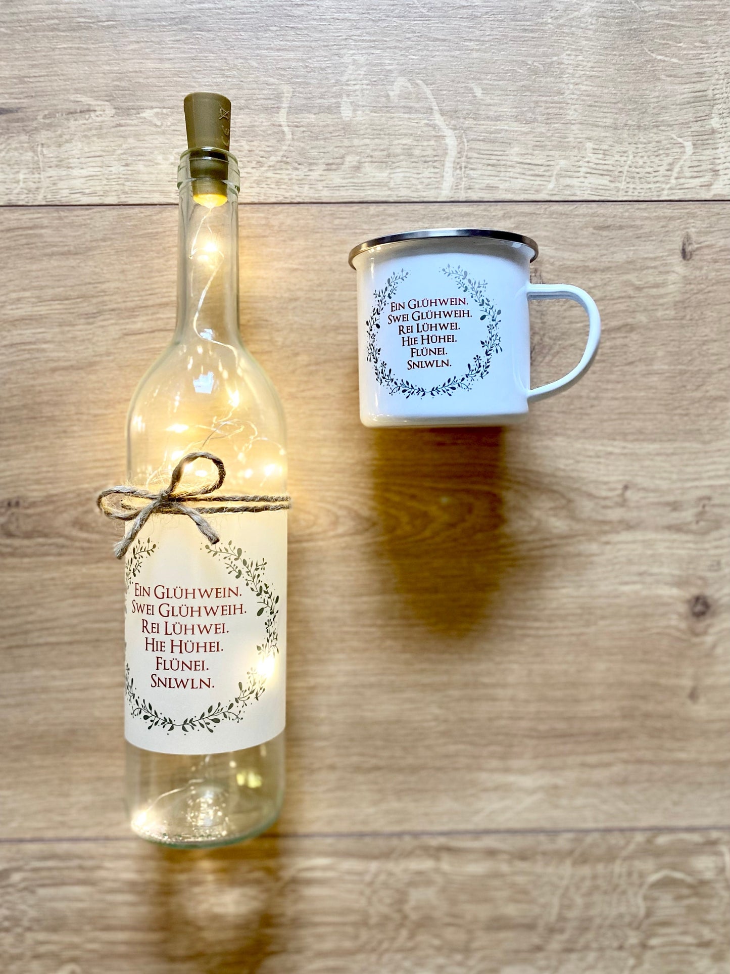 Flaschenlicht mit Spruch "Ein Glühwein, swei Glühweih..." | Originelles Weihnachtsgeschenk u. perfektes Geschenk zum Wichteln