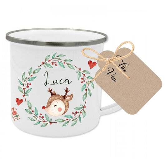 Weihnachtliche Tasse für Kinder | Personalisiert mit Namen | Kinderbecher aus Emaille mit Weihnachtsmotiv "Rentier" | Originelles Weihnachtsgeschenk für Mädchen und Jungen | 4 Produktvarianten zur Auswahl