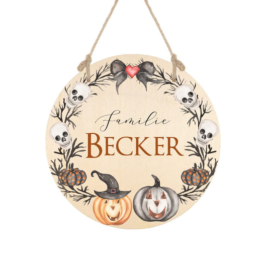 Originelles Türschild aus Holz "Halloween" | Personalisiertes Familienschild für die Tür | Handgefertigte Dekoration für Halloween | 4 Produktvarianten zur Auswahl